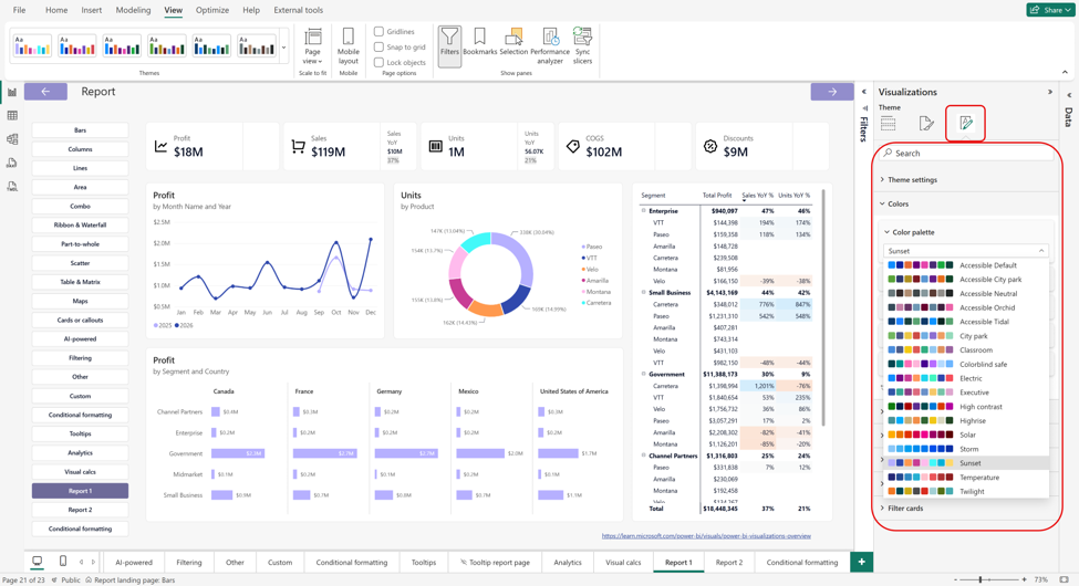  The Format pane displays Customize current theme options when no visual is selected, including color palettes you can apply to your report.